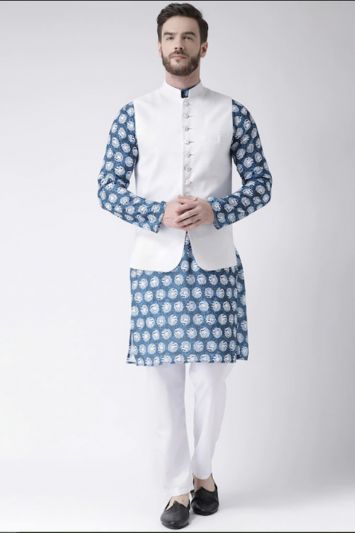 Men Blue and White Printed Kurta with Pyjamas with Nehru Jacket