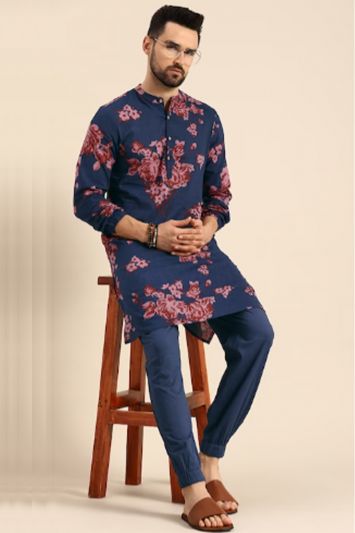 Men Navy Blue Printed Pure Cotton Kurta with Trousers