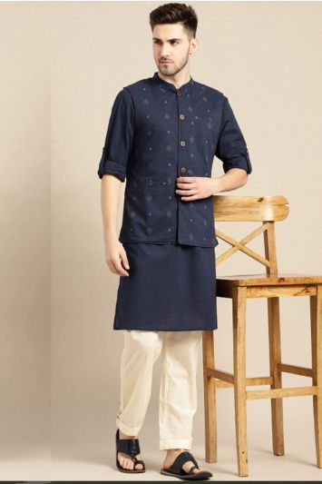 Men Navy Blue Solid Pure Cotton Kurta with Printed Nehru Jacket
