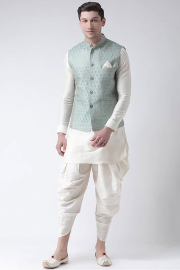 Men Turquoise Blue and Silver Colored Woven Design Nehru Jacket Kurta Set