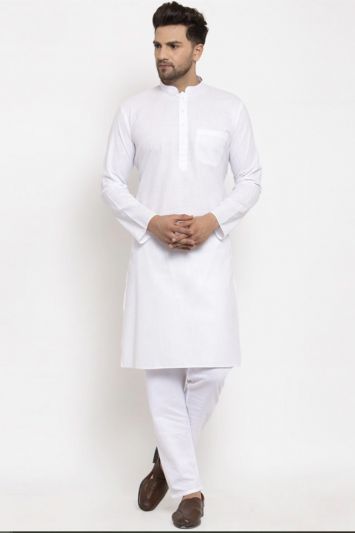 Men White Solid Regular Kurta With Pyjamas for EID