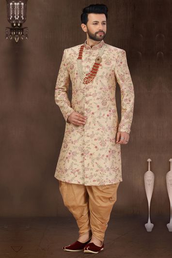 Multi Color Designing Art Silk Party Wear Sherwani and Golden Dhoti