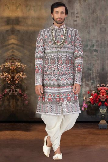 Multi Color Designing Art Silk Party Wear Sherwani with Georgette Dhoti