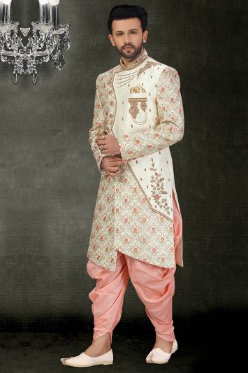 Multi Color Designing Art Silk Party Wear Sherwani with Peach Dhoti
