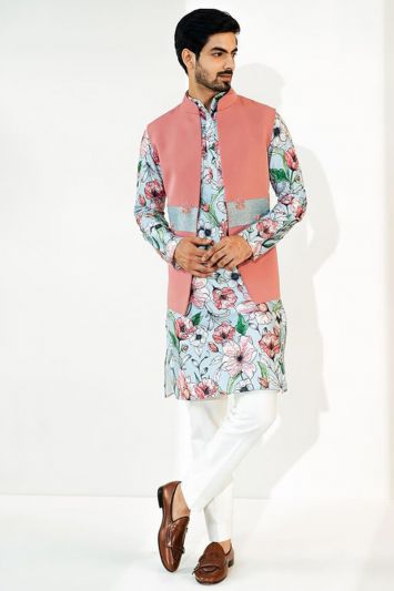Multi Colored Silk Fabric Printed Kurta Pajama with Waistcoat