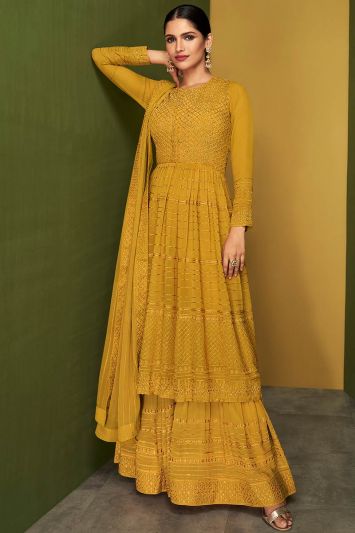 Mustard Color Real Georgette Palazzo Suit