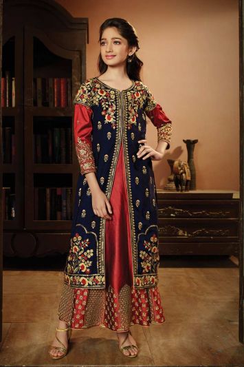 Navy Blue and Red Satin Silk Velvet Anarkali Dress with Zari Work