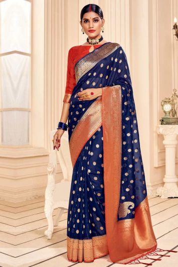 Navy Blue silk Banarasi saree with orange blouse 