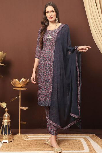 Navy Blue Color Cotton Blended Fabric Digital Printed Straight Pant Suit