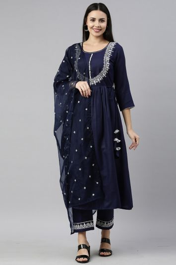 Navy Blue Color Ruby Cotton Fabric Salwar Suit