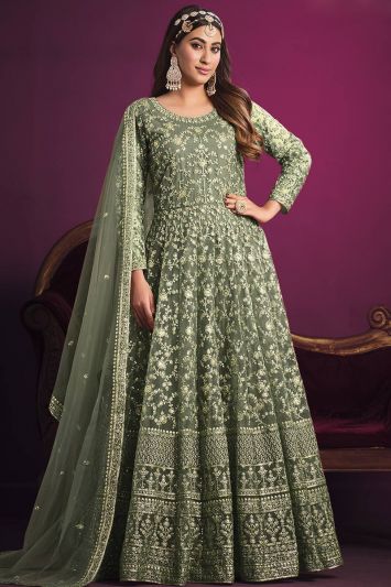 Net Designer Anarkali Suit in Green