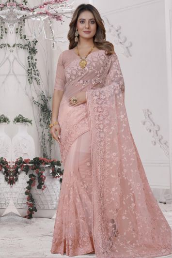 Net Fabric Fancy Saree in Dusty Peach Color