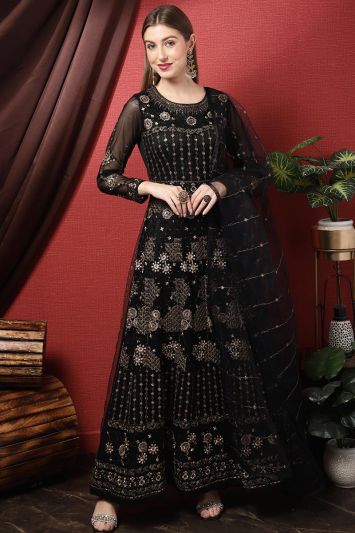 Net Floral Anarkali Dress in Black Color