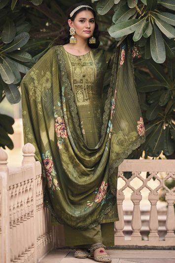 Olive Green Color Pure Muslin Fabric Digital Printed Palazzo Suit