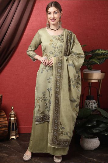 Olive Green Cotton Blend Printed Palazzo Suit