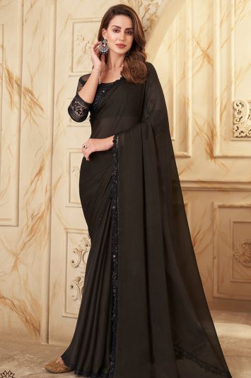 Oracle Georgette Silk Embroidered Saree in Black Color