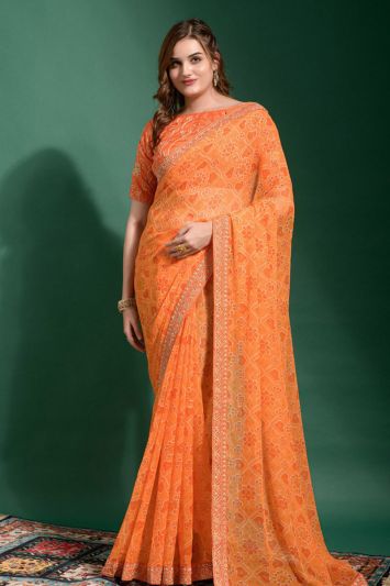 Orange Color Patola Georgette Fabric Embroidered Saree