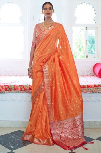 Orange Designer Traditional Wear Two Tone Handloom Weaving Saree