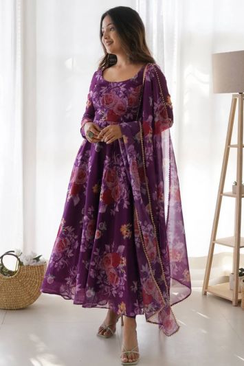 Organza Floral Print Gown in Purple Color