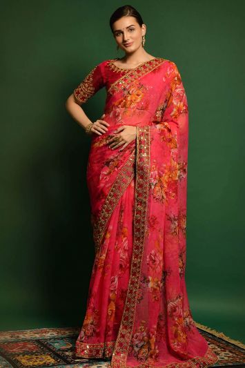 Party Wear Pink Color Georgette Fabric Saree