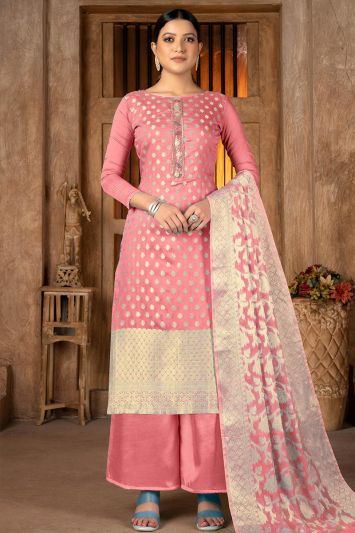 Peach Color Banarasi Jacquard Fabric Designer Palazzo Suit