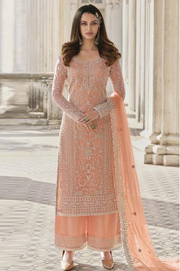 Peach Color Heavy Butterfly Net Fabric Designer Palazzo Suit