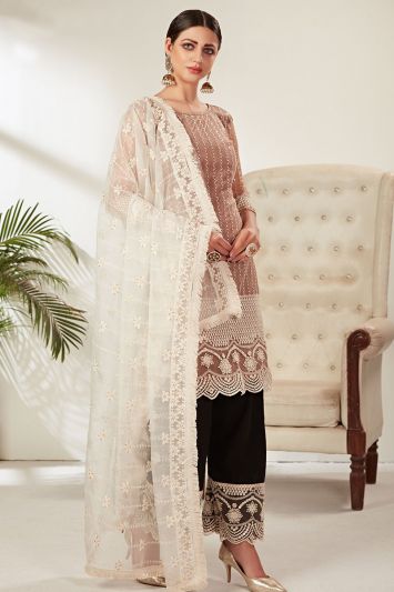 Peach Color Heavy Butterfly Net Fabric Resham Palazzo Suit