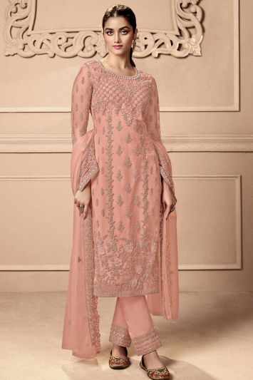 Peach Color Net Fabric Floral Straight Pant Suit With Pearl Work