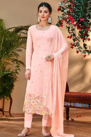 Peach Color Pure Viscose Bemberg Georgette Fabric Straight Pant Suit