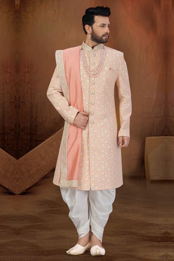Peach Designing Art Silk Ethnic Wear Sherwani with Dupatta