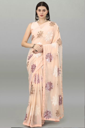Peach Georgette Fabric Flower Patterned Saree