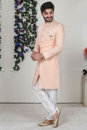 Peach Imported Fabric Party Wear Sherwani with Aligarhi Pant