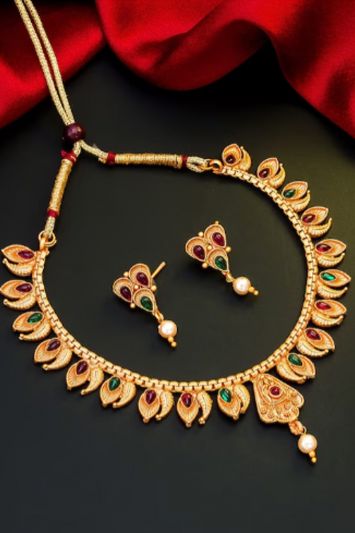 Pink and Green Stone-Studded Meenakari Jewellery Set