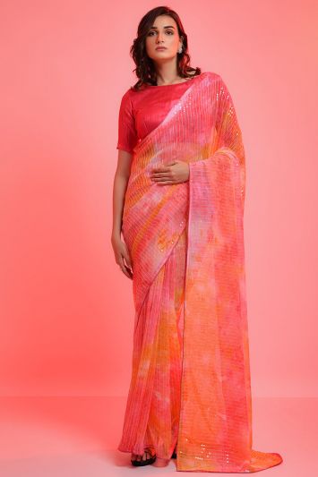 Pink and Orange Color Chiffon Fabric Saree