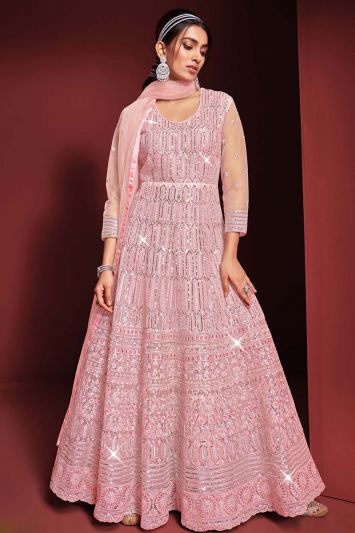 Pink Color Butterfly Net Fabric Designer Anarkali Suit