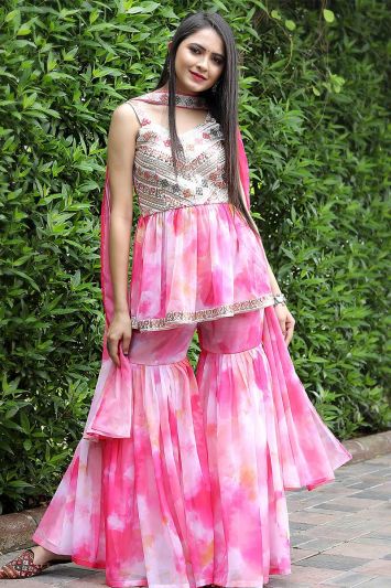 Pink Color Faux Georgette Fabric Festive Wear Sharara Suit