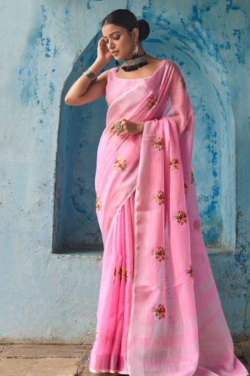 Pink Color Linen Fabric Sangeet Wear Saree