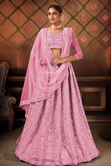 Pink Color Net Fabric Party Wear Lehenga Choli with Zari Work