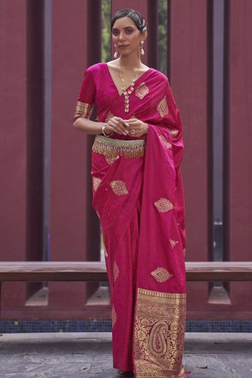 Pink Color Banarasi Silk Fabric Sangeet Wear Saree