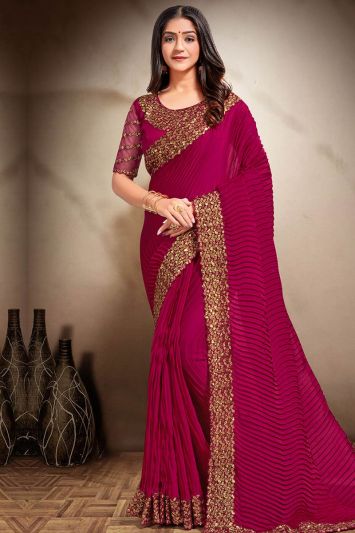 Pink Color Satin Georgette Saree with Stone Work