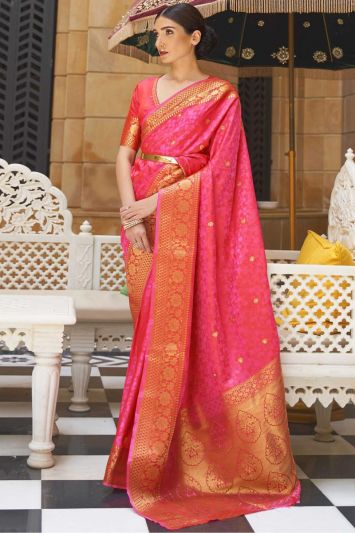 Pink Designer Traditional Wear Kanjivaram Weaving Saree