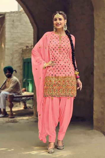 Pink Georgette Patiyala Suit With Thread Embroidery