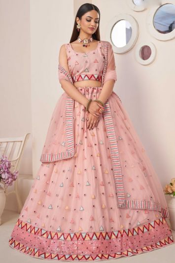 Pink Net Fabric Sequins Work Lehenga Choli