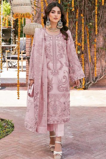 Pink Organza Embroidered Trouser Suit