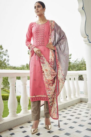 Pink Resham Embroidered Satin Cotton Straight Pant Suit