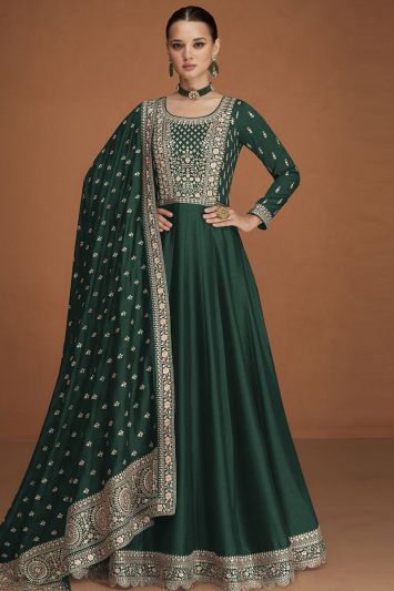 Premium Silk Embroidered Anarakli in Dark Green Color