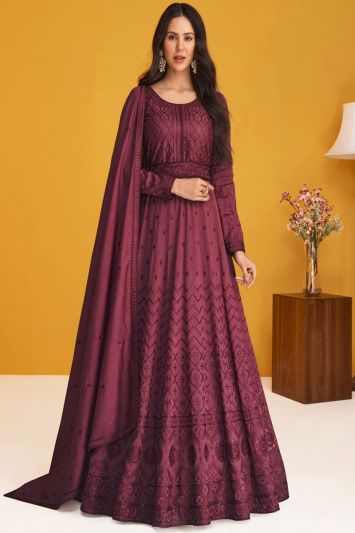 Premium Silk Fabric Sequins Anarkali Suit in Wine Color