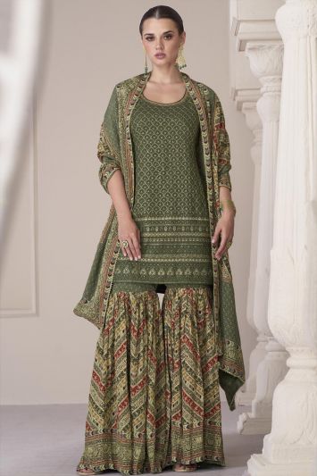 Premium Silk Printed Sharara Suit in Mehendi Color