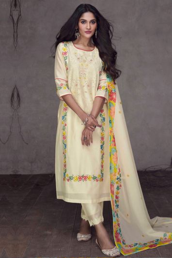 Pure Silk Designer Salwar Kameez in Light Yellow Color