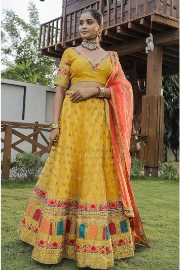 Pure Silk Fabric Designer Lehenga Choli in Yellow Color